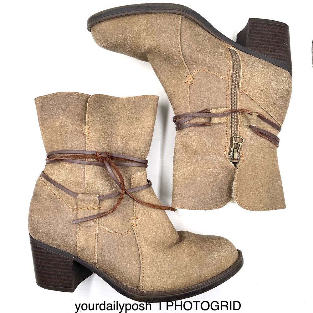 Taupe nubuck leather Sporto faux shearling block heel Lori boots 6.5